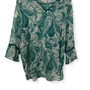 Susan Graver Tunic Top Womens XL Green/Teal Paisley Boho 3/4 Bell Sleeve